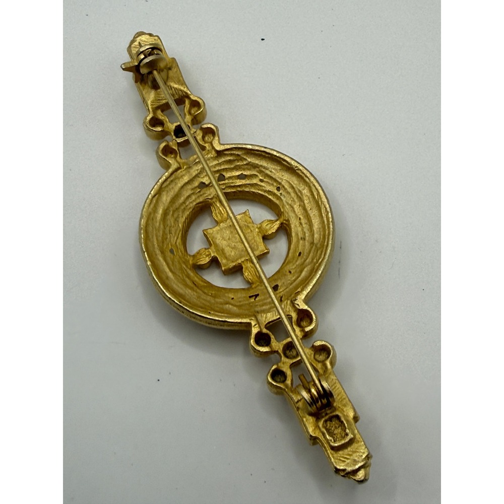 Vintage Matte Gold Tone Geometric Bar Brooch Textured Beaded Design Accessory - Picture 6 of 10
